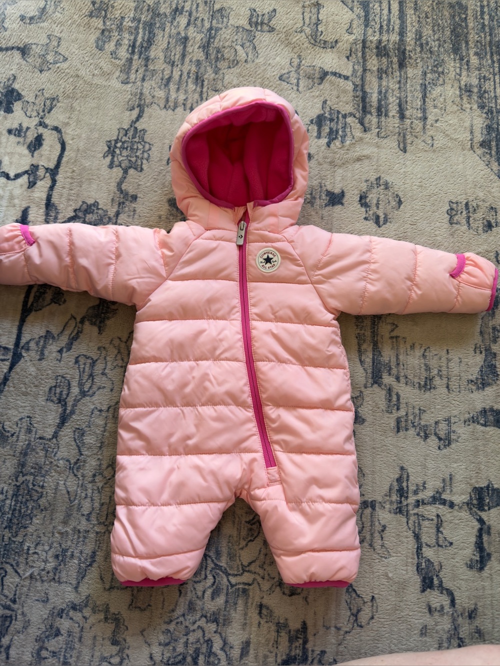 Converse Baby Pink Puffer Snowsuit with Hot Pink Trim